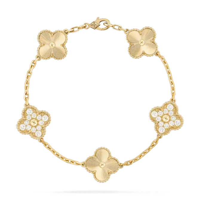 Vintage Alhambra Bracelet, 5 Motifs (Yellow Gold, Diamond)