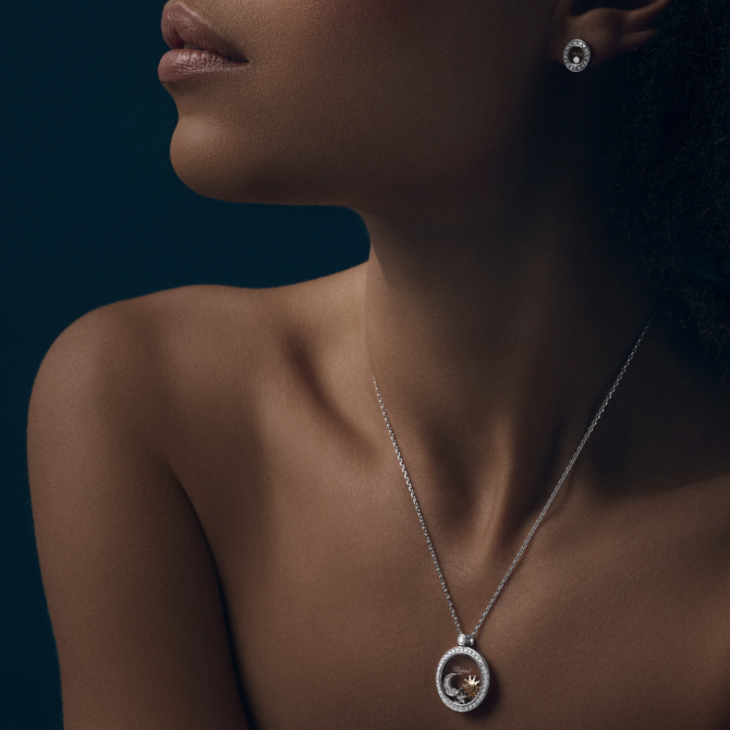 Happy Sun, Moon and Stars Pendant, Diamonds Necklace