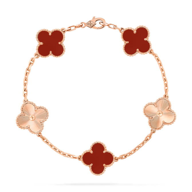 Vintage Alhambra Bracelet, 5 Motifs (Rose Gold, Carnelian)
