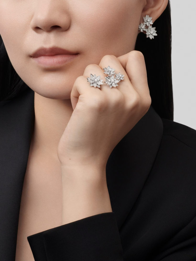 Lotus Earrings, 3 Flowers (White Gold, Diamond)