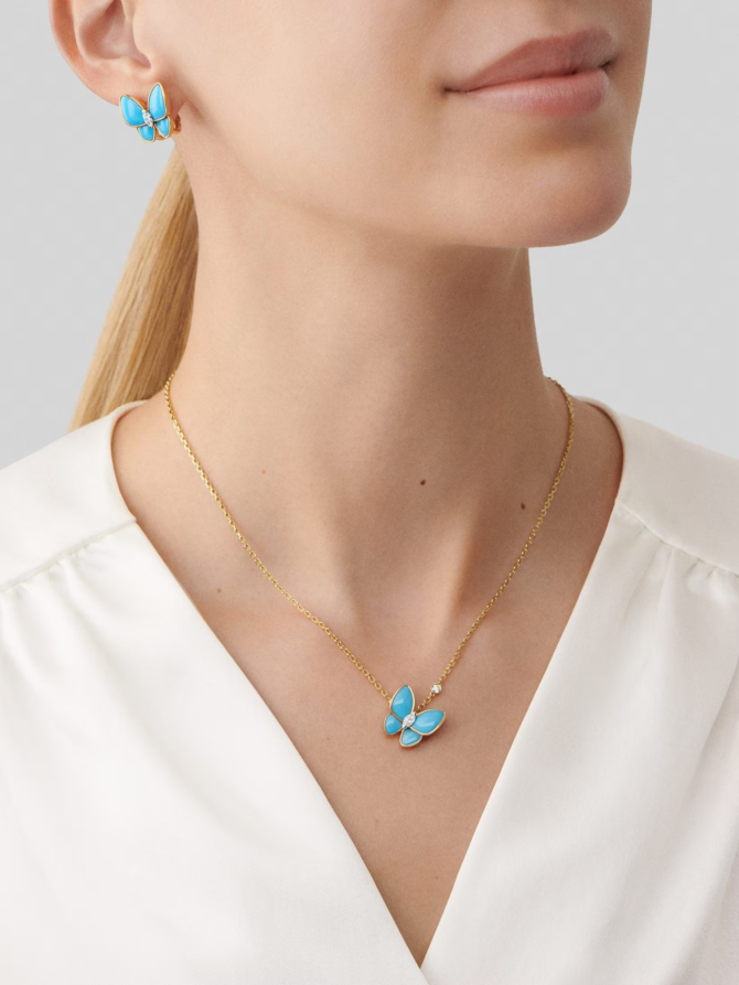 Two Butterfly Pendant (yellow gold, Diamond, Turquoise)