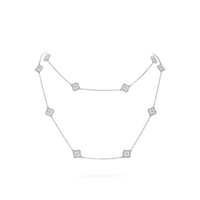 Sweet Alhambra Long Necklace, 16 Motifs (White Gold, Diamond)