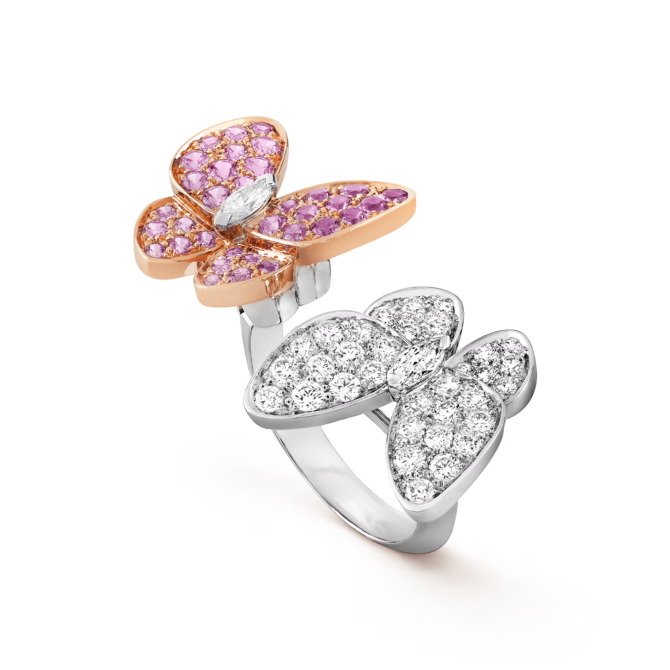 Two Butterfly Between the Finger Ring  (White gold, Diamond, Sapphire)