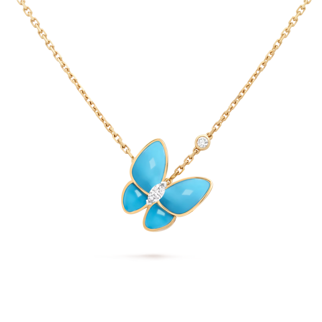 Two Butterfly Pendant (yellow gold, Diamond, Turquoise)