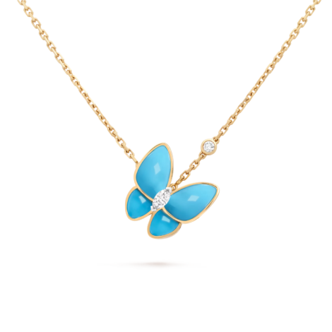 Two Butterfly Pendant (yellow gold, Diamond, Turquoise)