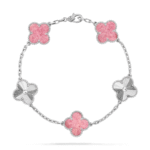 Vintage Alhambra Bracelet, 5 Motifs (White Gold, Pink Rhodonite)
