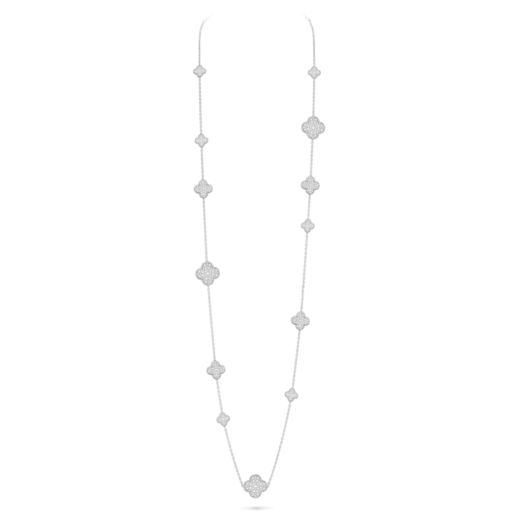 Magic Alhambra Long Necklace, 16 Motifs, White Gold, Diamond