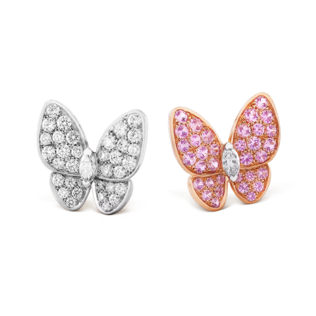 Two Butterfly Earrings, White Gold, Diamond, Sapphire